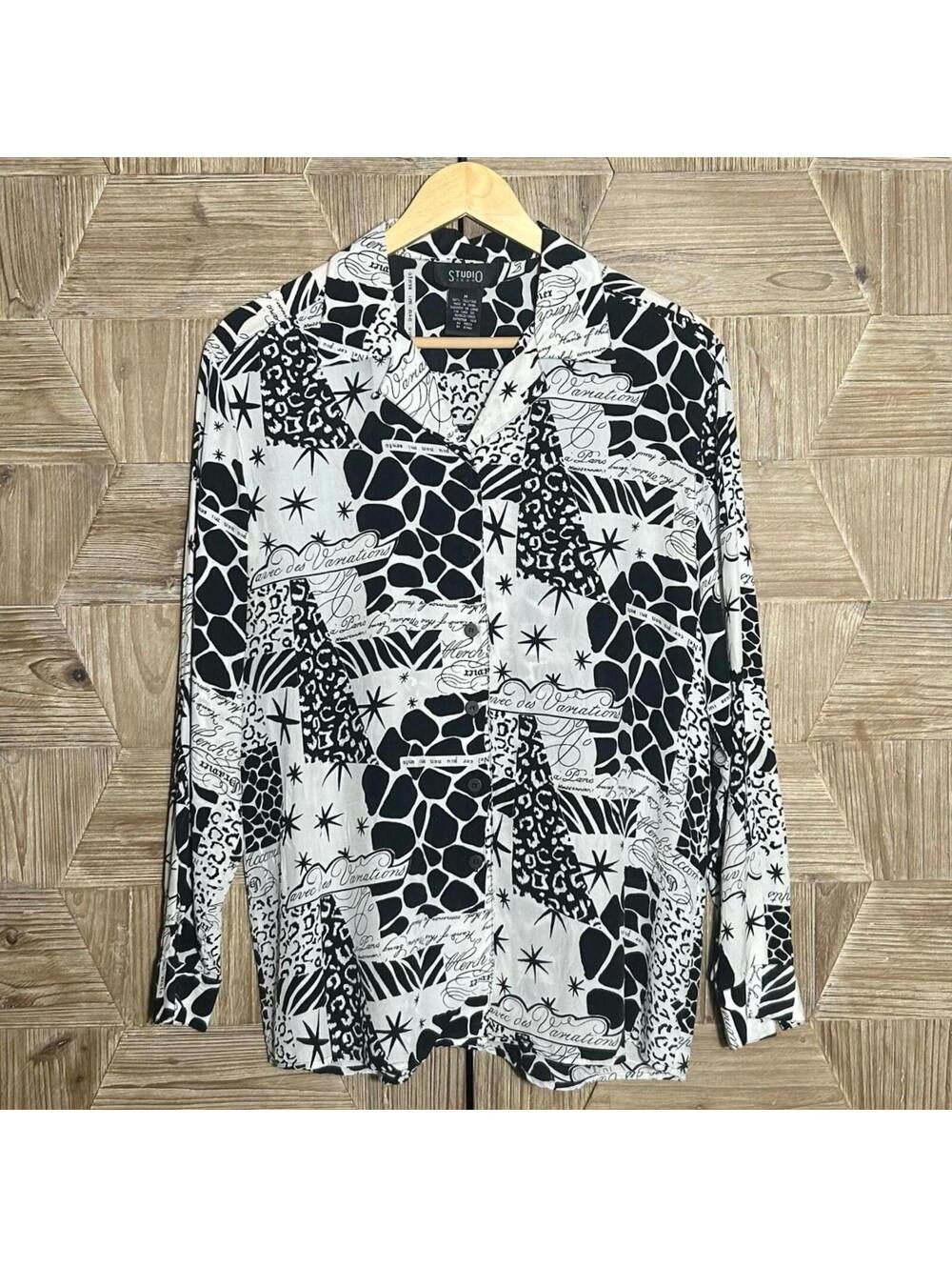 Studio 3000 100% Silk Typography Script Print Button Down Shirt Black & White M